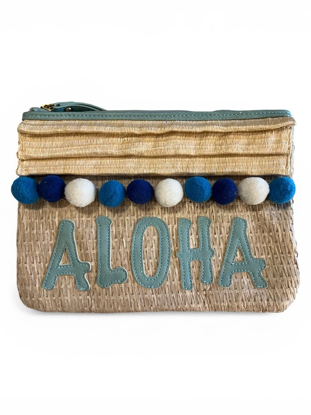 Aloha Straw Pom Pom Zip Pouch in Teal and Natural Clutch